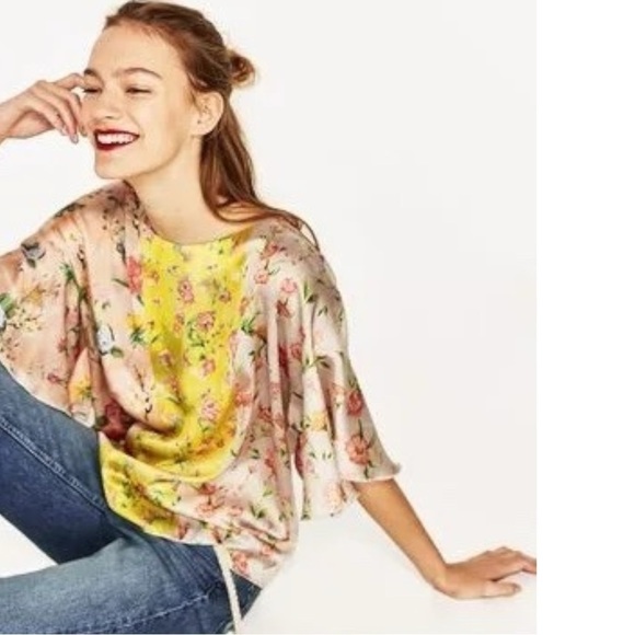 Zara Satin Floral Blouse Size Small Kimono Flutter Sleeves Spring Coquette - Picture 5 of 12